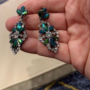 Silvertone 1 1/2” L Dangling Post Rhinestone Earrings w/ Green AB Stones + Clear